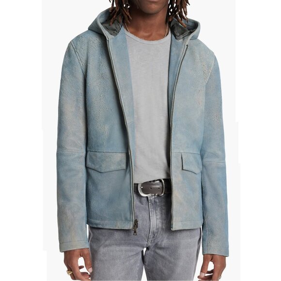 John Varvatos Collection Men's Mateo Hooded Jacket Distressed Sheep Leather Blue - Picture 1 of 7
